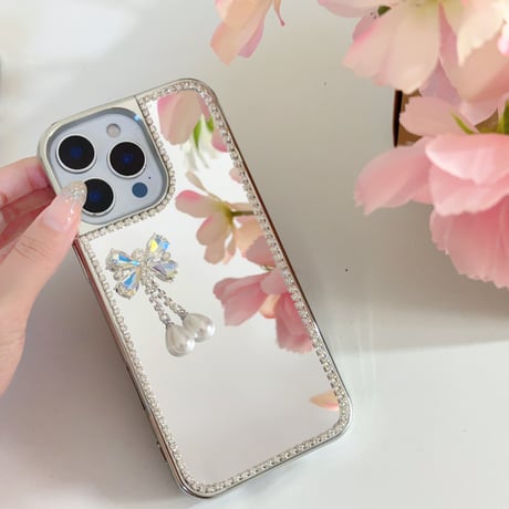 ミラー iPhone16e/16proケース 蝶/花デコ ダイヤ/パール iPhone15promax/14/13カバー おしゃれ シック 女子力高い [M5281]