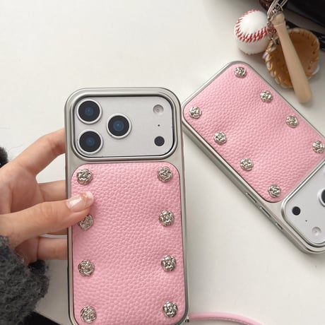 金属ツバキ花 iPhone17/17proケース 高級感 レザー iPhone17promax/16/15Proカバー ストラップ 秋冬ファッション[M5802]