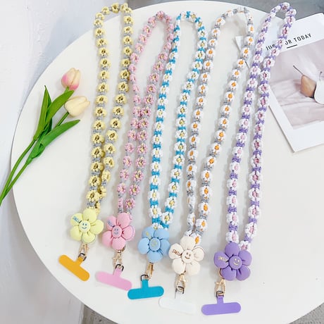 花ニットストラップ 首掛け かわいい 全種類対応 ギフトにおすすめ おしゃれ 長いストラップ  落下防止 秋冬人気[M3779]