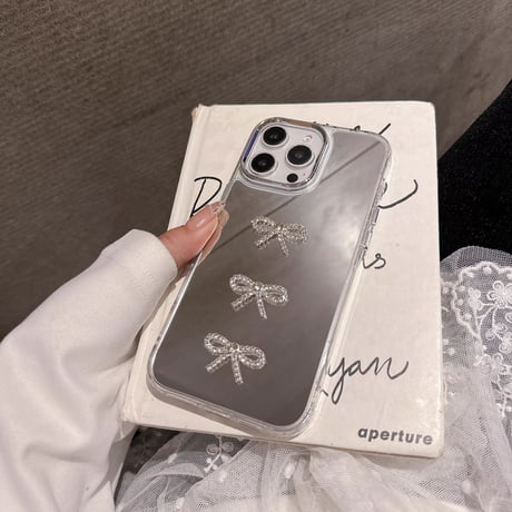 ジュエリーリボン iPhone16pro/16カバー メイク鏡付 iPhone15ptomax/14pro/13ケース おしゃれ 上品 可愛い [M5124]