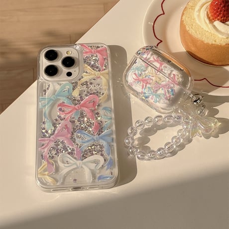 動くダイヤ iPhone15/15proケース リボン柄 iPhone14/13pro/12クリアケース かわいい女子力アップ[M4506]