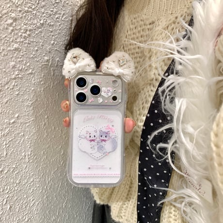 ダイヤデコ猫耳 iPhone17Pro/17ケース カメラカバー付  iPhone17ProMax/16Pro/15カバー 可愛すぎ 存在感抜群[M6021]