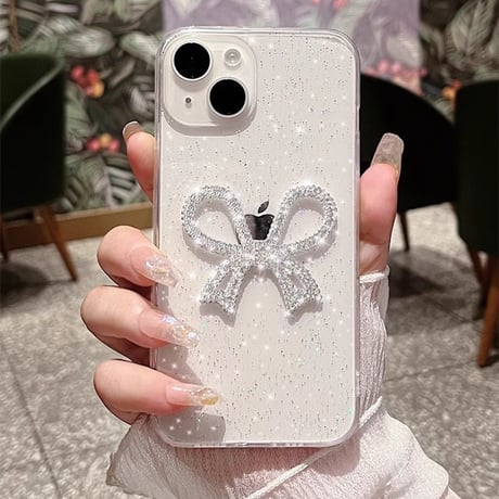 ジュエリーリボンiPhone15/15proケース キラキララメ入り iPhone14pro/13/12カバー きれい ガールズファッション M4170]