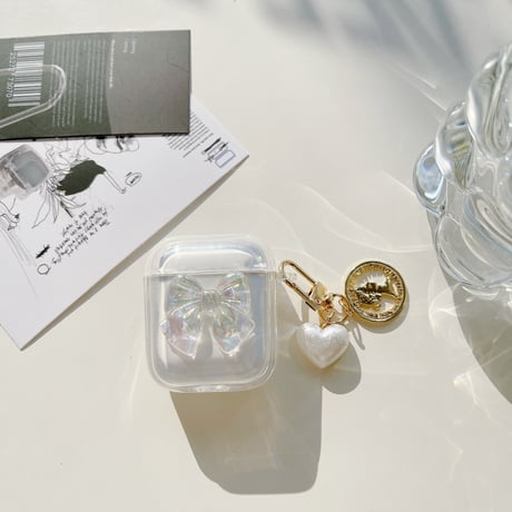 【Airpods4】キラキラリボン AirpodsPro2ケース ハートアクセサリー付 airpods3/2/1ケース  かわいい 耐衝撃クリアケース ギフトにおすすめ[M3073]