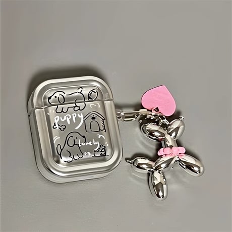 犬ちゃん Airpods 4 ケース  チャーム付  メッキシルバー AirpodsPro2/Pro1カバー  Airpods3/2  プレゼントにおすすめ[M4701]