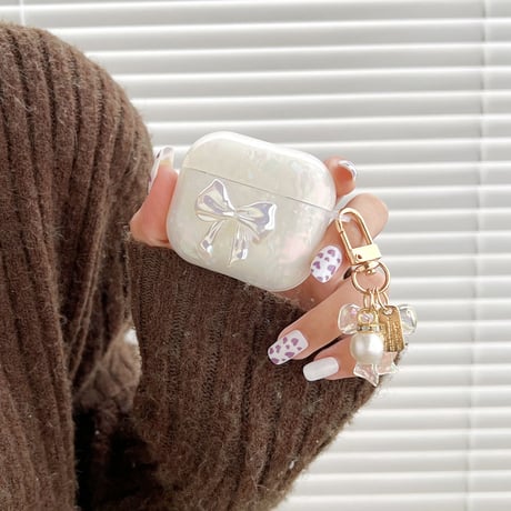 【Airpods 4】キラキラリボン AirpodsPro2ケース 貝殻紋 airpods3/2/1ケース  オシャレリボンアクセサリー付 ソフト ギフトに最適 [M2676]