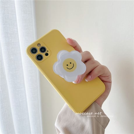 イエロー iphone12/13ケース  笑顔の花のスマホグリップ付 iphoneSE2/XS/11カバー  頑丈 耐衝撃 卓上スタンド機能付 M745