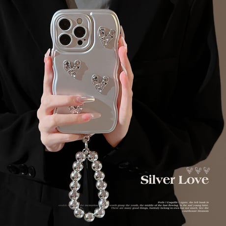 シルバー iphone14/13proケース ハートデコ 持ち手リング付 かわいい 女子力アップ[M3454]
