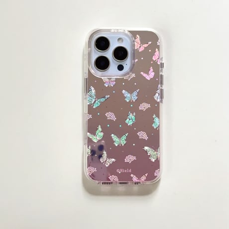 鏡付き蝶々 iPhone16pro/16ケース キラキラ 艶感 iPhone15promax/14/13proカバー 夏コーデにおすすめ [M5307]