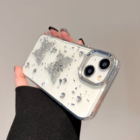 ラメ蝶々 アイフォン16pro/15ケース ダイヤ ハンドメイド iPhone14/13pro/12カバー 大人可愛い 春夏向け[M5175]