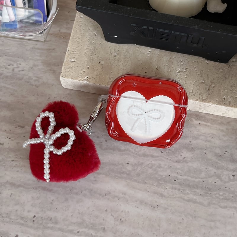 ハート形とリボン柄 AirPods Pro 3ケース ワインレッド 毛玉