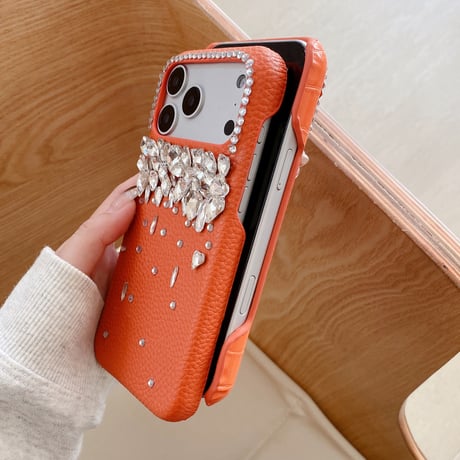 高級感ダイヤモンド iPhone17ProMax/17Proケース オレンジ革製 iPhone17/Airカバー おしゃれ キラキラ 贅沢[M5740]