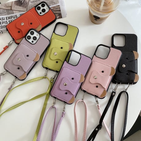 クマちゃんカード入れ iPhone15/14proケース 革製 アイフォン13/12mini/11カバー 肩掛けストラップ 高品質シック 11色[M3417]