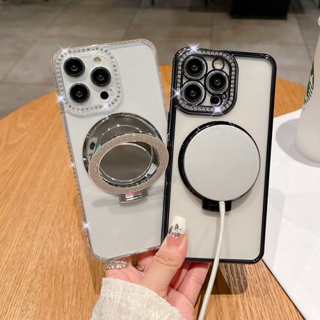 鏡MagSageリングスタンド iPhone15pro/15promaxケース ジュエリーキラキラiphone14/13/12proケース クリア コスパ最強[M4075]