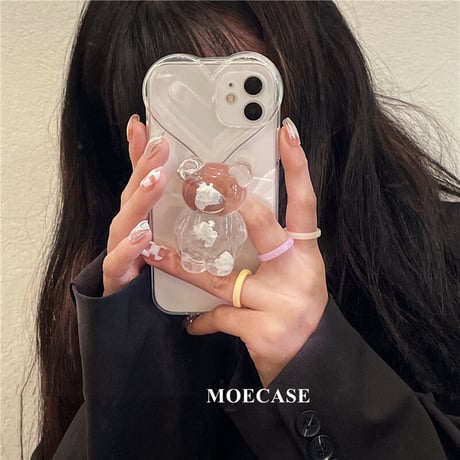 熊グリップ ハート型 iphone13/12promaxケース 透明iphone11/xsmaxカバー  スタンド・リング一体型  オシャレ キラキラ プレゼントにおすすめM1317