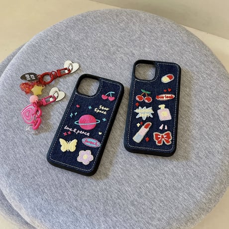 刺繡 星 花 iPhone14/14proカバー  デニム素材  アイフォン13/12/11ケース  可愛い 高品質  高級感  [M2250]