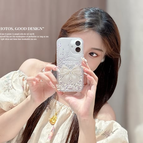動くダイヤ iPhone16pro/17ケース リボン柄 透明iPhone15pro/14/13カバー オシャレ キラキラ 可愛い [M5557]
