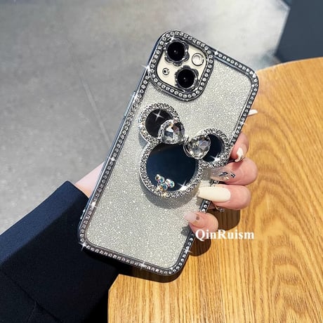ミラー/ハートダイヤグリップ iPhone15/15Proケース ストーンサイド キラキラ アイフォン14pro/13/12カバー 綺麗 便利 [M3889]