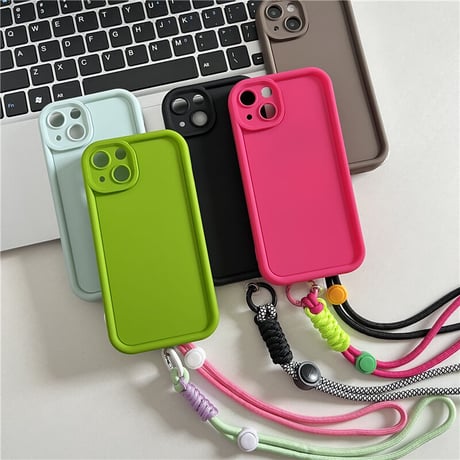 ストラップ付 無地iPhone15/14ケース シンプル風 アイフォン13/12/11proカバー 落下防止 紐取り外し可[M3414]