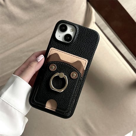 リングカード入れ付 iPhone16/16Proケース 熊 レザー アイフォン15pro/13mini/12/14カバー レザー 高品質 超便利[M4639]