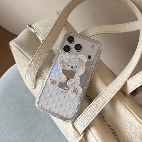 鏡を持ったクマちゃんグリップ iPhone17pro/17ケース MagSafe対応 iPhone16/15promax/14ケース かわいい 多機能便利[M6284]