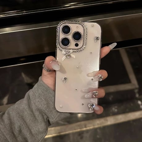 ハートダイヤ/ジュエリー iPhone16pro/16ケース リボン ハンドメイド iPhone15plus/14/13pro/12カバー 大人可愛い[M5244]