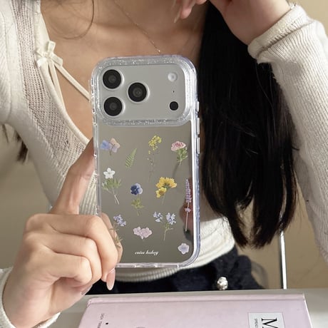 ドライフラワー ミラー iPhone17Pro/17ケース キラキララメ iPhone17Promax/16Pro/15ケース メイク直しに便利[M6244]