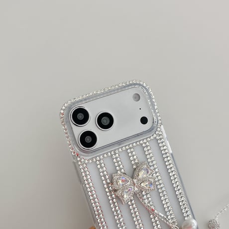 ジュエリー iPhone17Pro/17ケース フリンジダイヤリボン iPhone16Pro/15/14ース 豪華 リボンストラップ付[M6521]