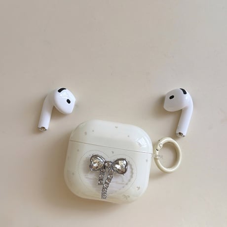 ダイヤリボン AirPodsPro3ケース 上品 Airpods4/3ケース  AirpodsPro2/Pro1カバー  淡色系 リング付 可愛い 高級感 [M5953]