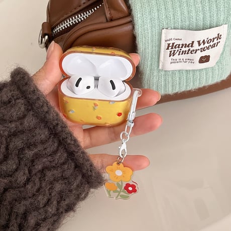 草花柄 Airpods 4ケース イエロー Airpodspro2/proカバー Airpods3/2 花キーリング付き 可愛い[M4919]