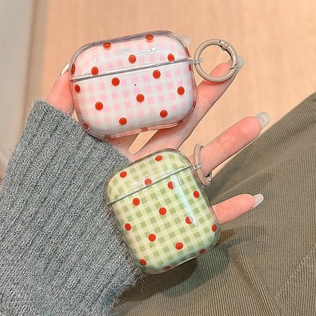 韓国風 AirpodsPro3ケース 水玉模様 Airpods4/pro2カバー  チェック柄 お揃い リング付 半透明[M5867]
