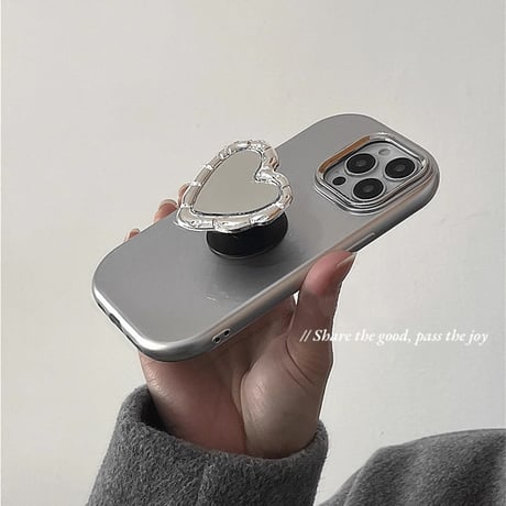 ハート鏡グリップ iphone15/15proケース  シルバー iphone13/14pro/12/11カバー  可愛い シック 便利 多機能[M3950]