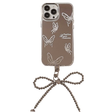 蝶 ミラー iPhone15/15proカバー リボンストラップ iPhone14promax/13pro/12カバー シルバー高級感 かわいい [M4094]