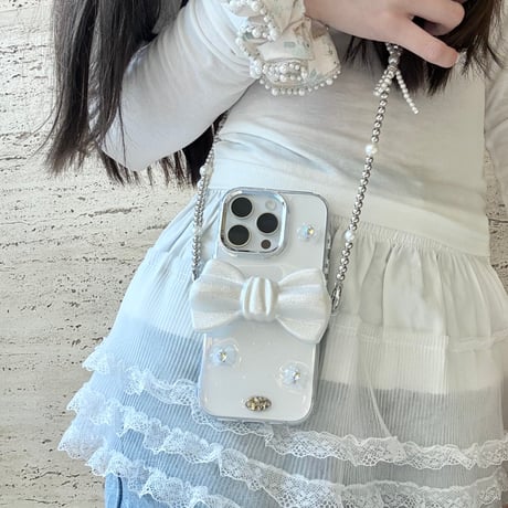 リボンショルダーチェーン iPhone16pro/16ケース ハートダイヤ iPhone15/14pro/13promaxカバー 女子力高い 多機能便利 [M5189]