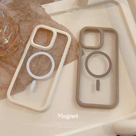 淡色MagSafe対応 iPhone15/15Proケース ホワイト ブラウン アイフォン14/13Pro/12カバー 頑丈 黄ばまない トレンド感 [M3734]