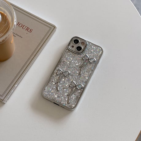 リボン iPhone15/15proケース キラキラグリッター入り iPhone14/13pro/12ケース 女子力アップ シルバー[M3891]