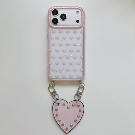 リベット付ハート持ち手 iPhone17Pro/17ケース ハート柄 ダイヤデコ iPhone16Promax/15proケース 便利 可愛い[M6522]