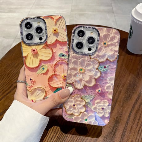 花柄 iPhone15/15Plusケース 光る油絵 綺麗 iPhone14/13proカバー ガールファッション 頑丈 かわいい 耐久性 [M3543]