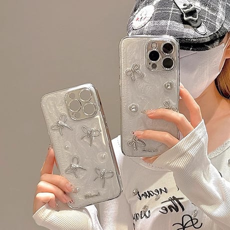 女子力アップ iPhone15Pro/15promaxカバー リボンデコアイフォン14プロ/13/12ケース きれいストラップ 2色 [M4367]
