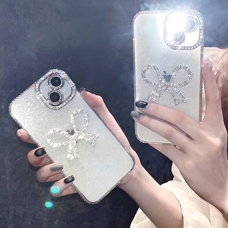ジュエリーリボン iphone15pro/15ケース  女子力高い アイフォン14/13pro/12/11カバー 可愛い きれい ラメ入り[M4399]