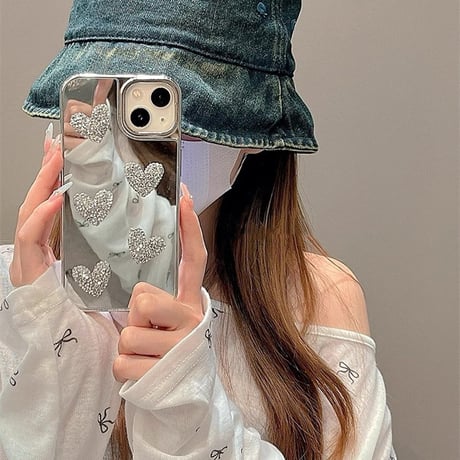 ジュエリーハート 鏡 iPhone15/15proカバー高級感 iPhone14/13pro/12ケース 女子力アップ キラキラ 可愛い[M4236]