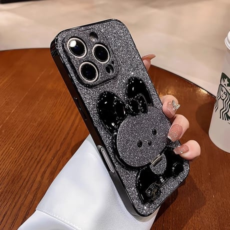 ウサギ鏡兼スタンド iPhone16/16Proケース  キラキラ iPhone15pro/14/13Proカバー 可愛い 多機能 耐衝撃[M4929]