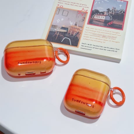 夕焼け AirpodsPro3/４ケース グラデーションオレンジ Airpods3/Pro2ケース リング 可愛いギフト[M5676]