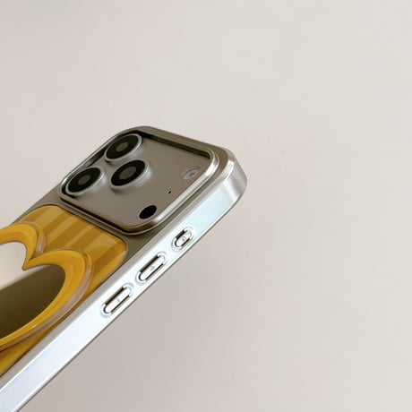 ハートミラー iPhone17/17Proケース高級感 ストライプ柄 iPhone16Pro/15romaxケース 光沢感 イェロー[M6488]