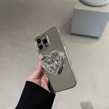 ハートダイヤグリップ iPhone15/15proケース  ミラー iPhone14/13pro/12ケース 女子力アップ オシャレ 便利[M3906]