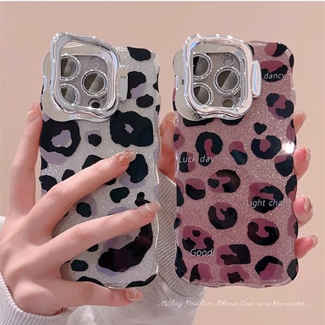 スタンド付ヒョウ柄 iPhone16/16proケース キラキラうねうね iphone15promax/14/13カバー おしゃれ 大人可愛い[M4940]