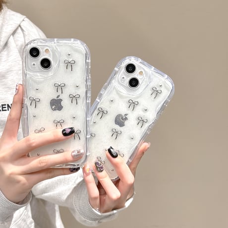 立体リボン iPhone15/16proケース うねうね ラメ入り iPhone14/13pro/12proケース キラキラクリアケース[M4436]