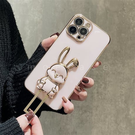 ウサギリングスタンド iphone14/15proケース  メッキ アイフォン13mini/12proカバー お洒落 多機能 便利ファッション[M2682]