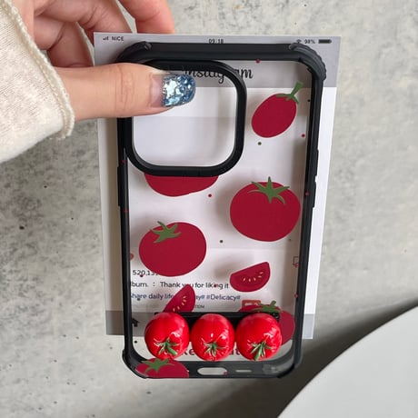 トマト柄 iphone15/15proケース tomatoスタンド付 iphone14プロ/13pro/12カバー  可愛い 四角耐衝撃[M4491]