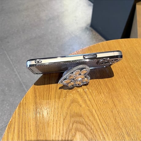 ミラー/ハートダイヤグリップ iPhone15/15Proケース ストーンサイド キラキラ アイフォン14pro/13/12カバー 綺麗 便利 [M3889]